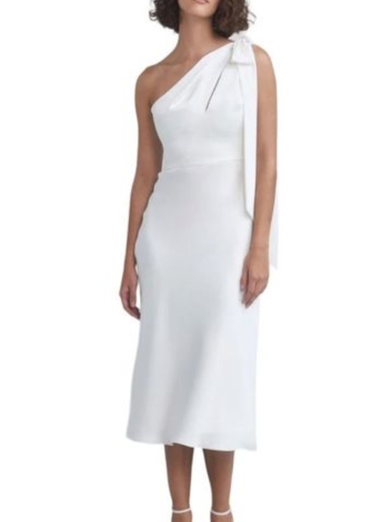 Amsale Ivory One-Shoulder Midi Dress with Shoulder Bow